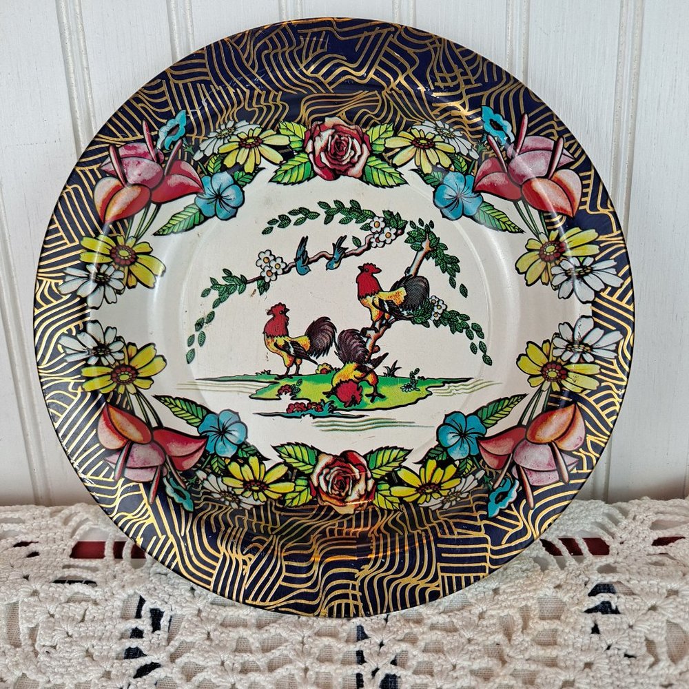 Vintage Action Industries Brazil Rooster Roses Metal Bowl